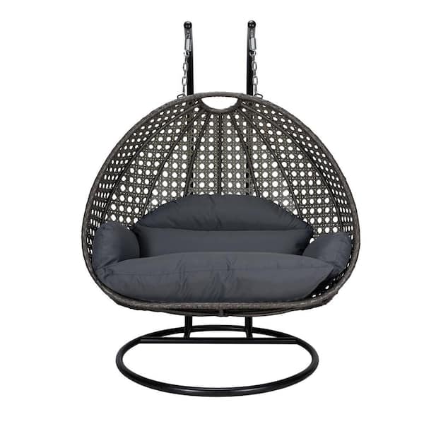 2-Person Egg Swing Chair Charcoal Wicker Outdoor Patio Hanging Chair with Dark Grey Cushions