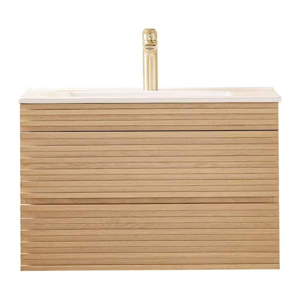 30 in. Singe Sink Wall Mount Brown Bath Vanity with White Ceramic Top Assembled