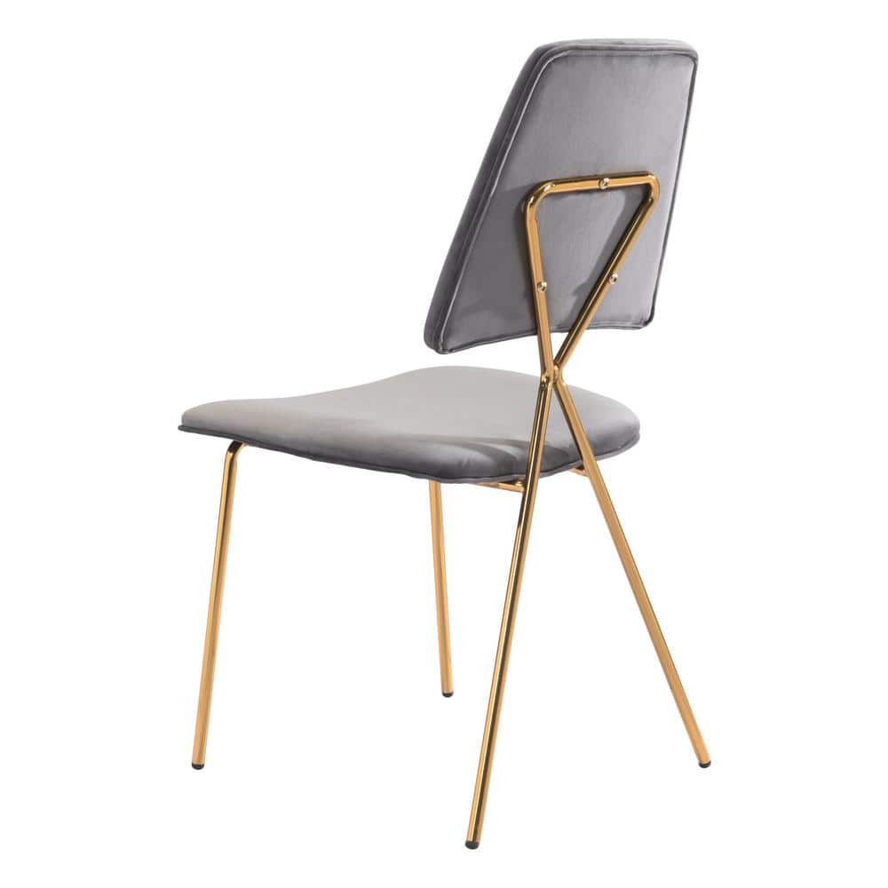 Gray and Gold Velvet Upholstered Side Chair Set with Metal Frame
