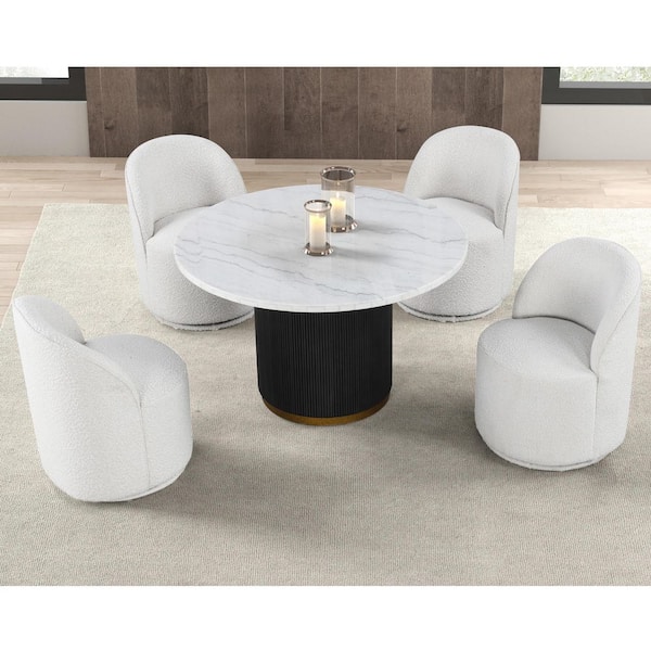 Beyer 5-Piece Round White Marble Top Dining Room Set with Reeded Plinth Base and Swivel Chairs (Seats 4)