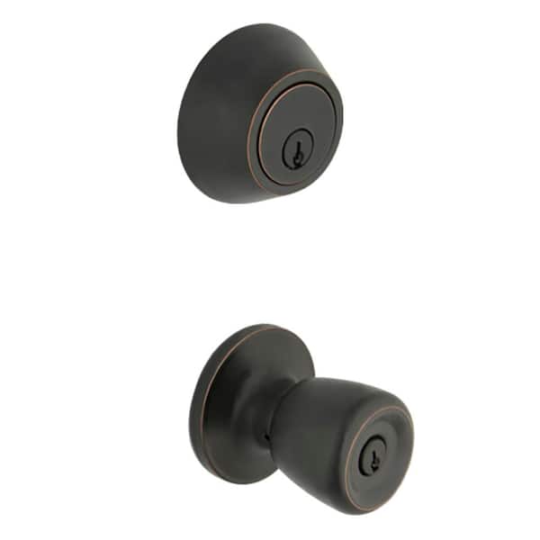 Defiant Simple Series Bell Aged Bronze Keyed Entry Door Knob with Single Cylinder Deadbolt Combo Pack