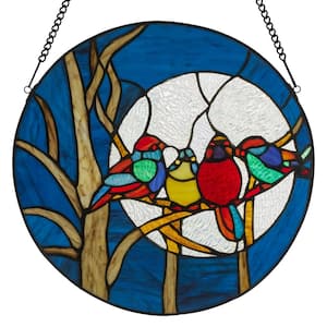 Multi-Colored Birds in the Night Sky Round Stained-Glass Window Panel