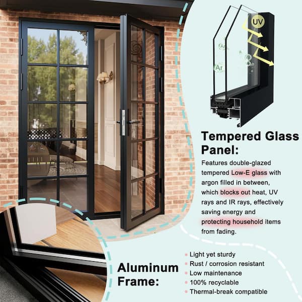 72 in. x 80 in. Black Double Slide Finished Aluminum 10 Lite Double Glazed Tempered Glass Center-Hinged Patio Door