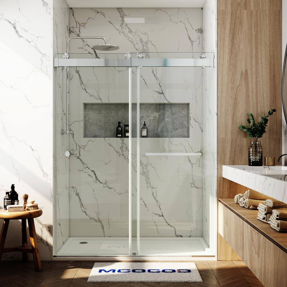 56-60.75 in. W x 76 in. H Double Sliding Frameless Soft Close Shower Door in Brushed Nickel with 3/8 in. Clear Glass price history on PriceWatchPro