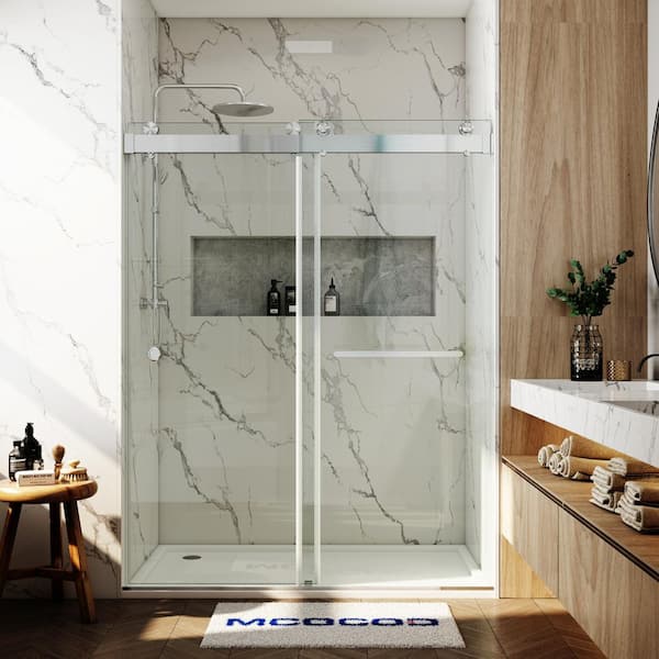 56-60.75 in. W x 76 in. H Double Sliding Frameless Soft Close Shower Door in Brushed Nickel with 3/8 in. Clear Glass