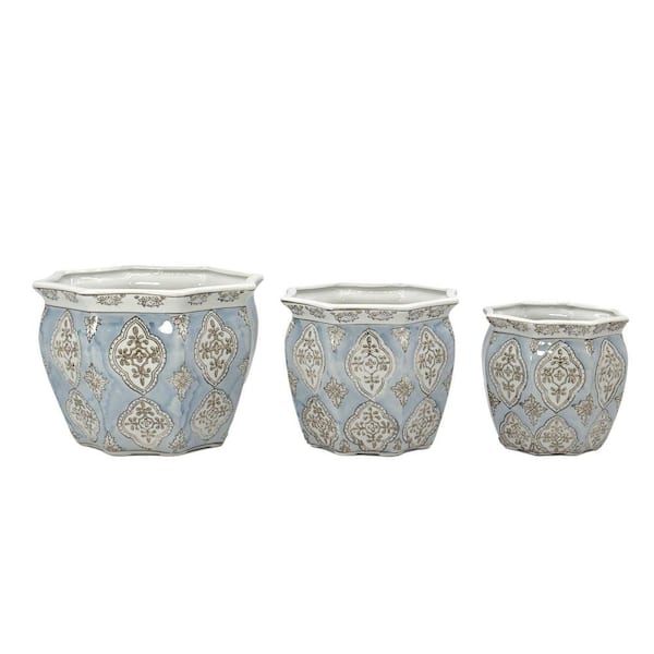 Set of 3-7.5 in. / 10 in. / 13 in. Light Blue and White Ceramic Chinoiserie Planter Pot Set
