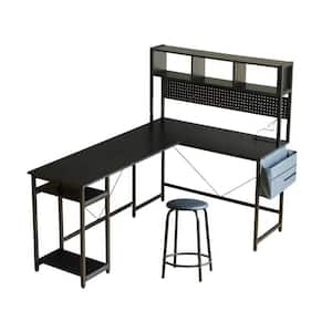 94.5 in. L-Shape Black MDF Computer Desk with Stool, LED Light and Storage Shelves Metal Pannel Office Desk Gaming Desk