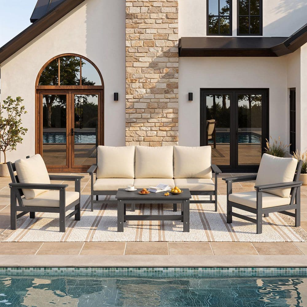 Gray 4-Piece Outdoor Patio Conversation Set All-Weather Patio Sofa with Coffee Table & Water-Resistant Beige Cushions price history on PriceWatchPro