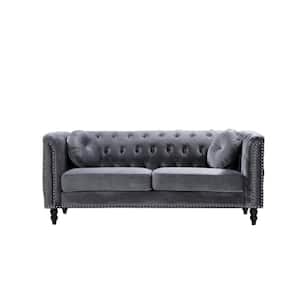 Vivian 75.98 in. W Gray Classic Grey Flared Arm Velvet 3-Seats Straight Chesterfield Sofa with Nailheads