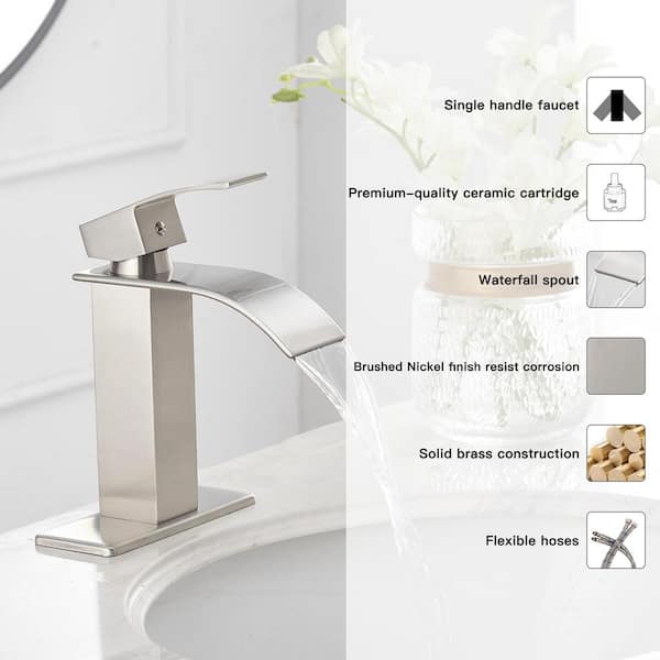 Waterfall Single Hole Single-Handle Low-Arc Bathroom Faucet With Pop-up Drain Assembly in Brushed Nickel