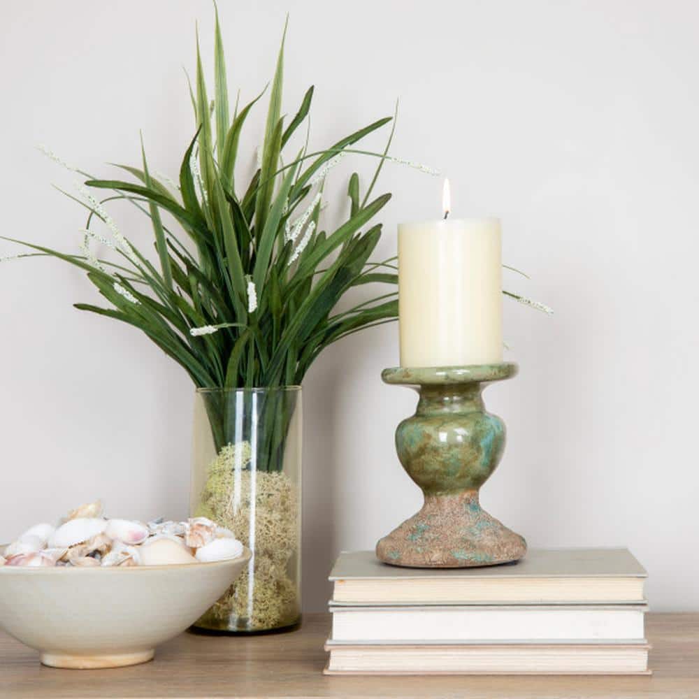 Distressed Green Ceramic Sculptural Pillar Candle Holder