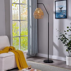 Chicago 65 in. H Matte Black Arc Floor Lamp with Natural Rattan Lantern Shade