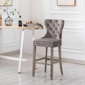 Harper 29 in. High Back Nail Head Trim Button Tufted Gray Velvet Counter Stool with Solid Wood Frame in Antique Gray