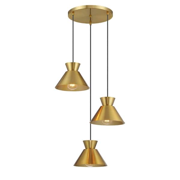 19.5 in. W x 6 in. H 3-Light Natural Brass Mid-Century Modern Chandelier with Metal Shades