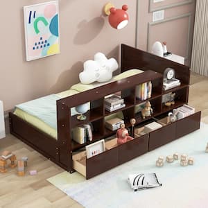 Espresso(Brown) Wood Frame Twin Size Platform Bed with 4-Drawers and Storage Shelves