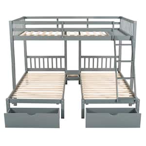 Gray Full Over Twin and Twin Triple Bunk Bed with Drawers and Desk