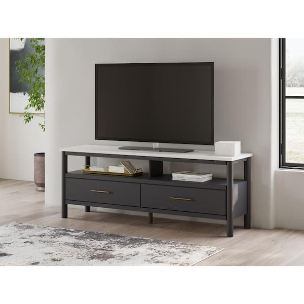 Cadmori Black/White TV Stand Fits TV's up to 81 in. with Open Shelf, Drawers and LED Light