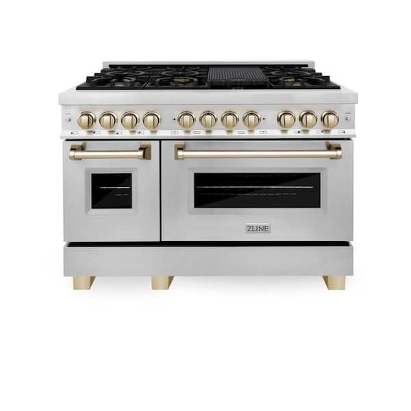 Autograph Edition 48 in. 7 Burner Double Oven Dual Fuel Range in Stainless Steel and Polished Gold