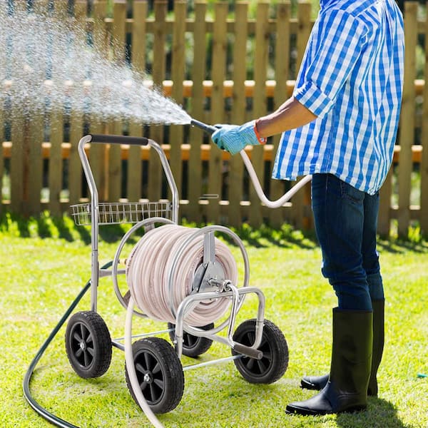 Hose Reel Cart, Mobile Garden Hose with 4 Wheel, Holds 300 ft. of 5/8 in. Hose, Heavy Duty Steel Storage Basket for Yard
