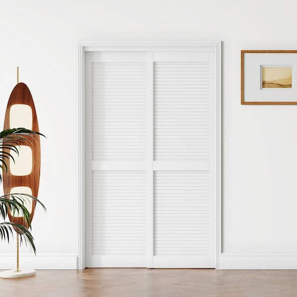 TENONER 48 in. x 80 in. MDF, Solid Core, White Louvered Panel, PVC