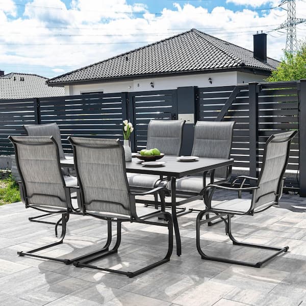 Light Gray 7-Piece Textilene and Metal Rectangle Outdoor Dining Set with 1.6 in. Umbrella Hole