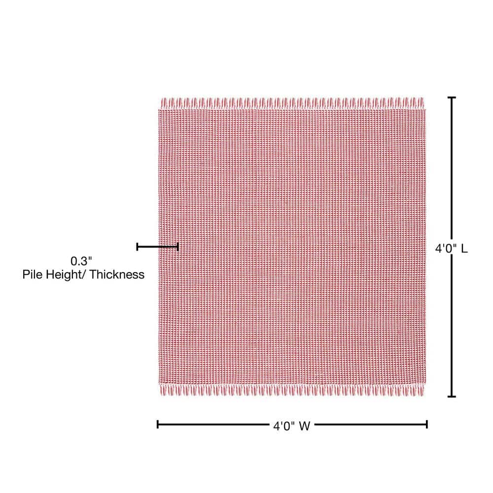 Ivory and Red Cotton 4' Square Handwoven Montauk Rug