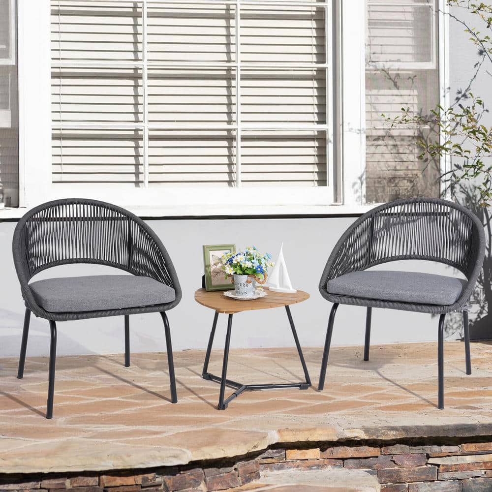 3-Piece Metal Grey Woven Rope Outdoor Bistro Set with Grey Cushions