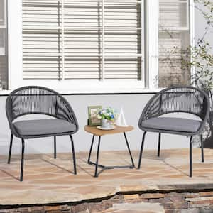 3-Piece Metal Grey Woven Rope Outdoor Bistro Set with Grey Cushions