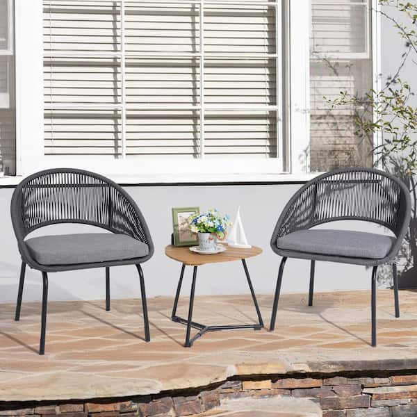 3-Piece Metal Grey Woven Rope Outdoor Bistro Set with Grey Cushions