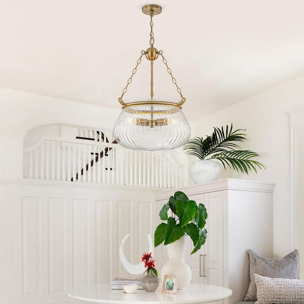 17 in. 3-Light Matte Brass Pendant Light Chandelier with Clear Ribbed Glass Shade