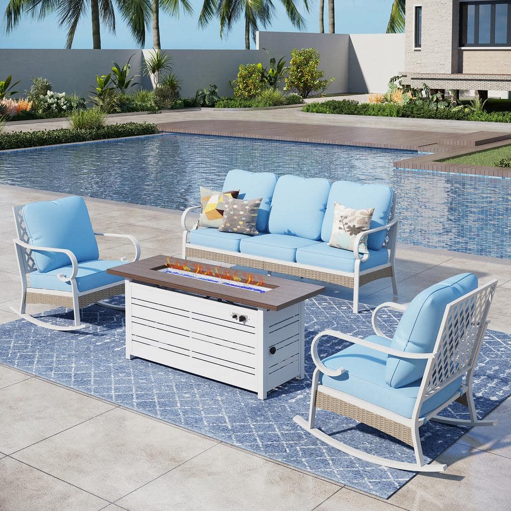 White 4-Piece Metal Outdoor Patio Conversation Set With Rocking Chairs, 50000 BTU Fire Pit Table and Blue Cushions -  PHI VILLA, THD5-C202BL-104