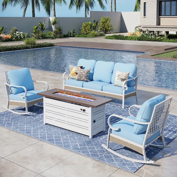 PHI VILLA White 4-Piece Metal Outdoor Patio Conversation Set With Rocking Chairs, 50000 BTU Fire Pit Table and Blue Cushions