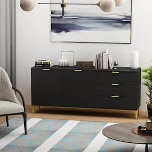 62.9 in. Black Wood Side Table with 2-Doors Cabinet 3-Drawers and Shelf Free Standing Side Table For Entryway Hallway