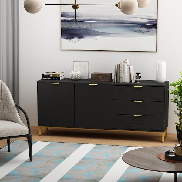 62.9 in. Black Wood Side Table with 2-Doors Cabinet 3-Drawers and Shelf Free Standing Side Table For Entryway Hallway