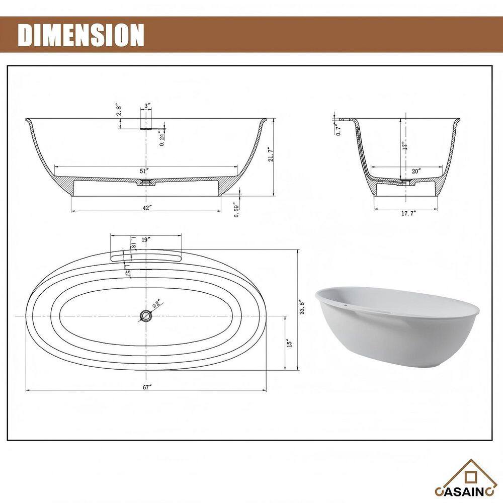 65'' White Fiberglass Freestanding Soaking Bathtub