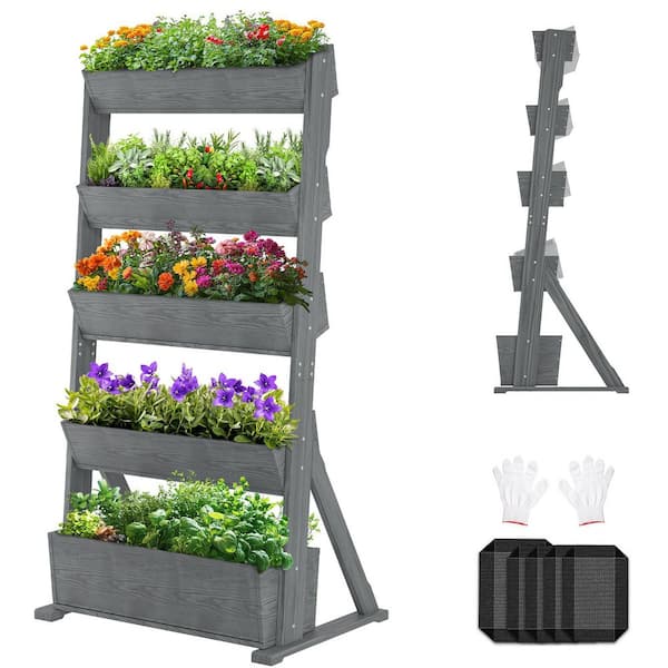 Vertical Wooden Raised Garden Bed 5-Tier Wood Garden Freestanding Plant Stand Flower Rack Wooden Planter Box Gray
