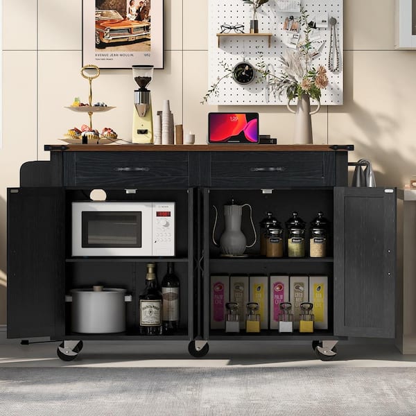 Glamorous Farmhouse Black Wood 54.5 in. Drop Leaf Spice Rac Kitchen Island kwith Power Outlet and Internal Storage Rack