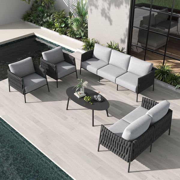 LayinSun 5-Piece Modern Woven Rope Outdoor Furniture Set with Oval Table and Light Gray Cushions