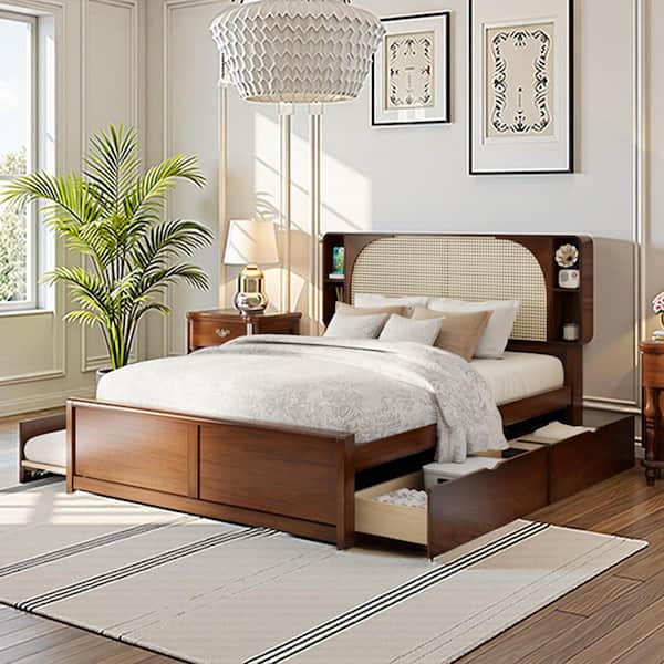 Cleo Brown Rattan Headboard Wood Frame Queen Platform Bed with Two Drawers and Trundle for Bedroom
