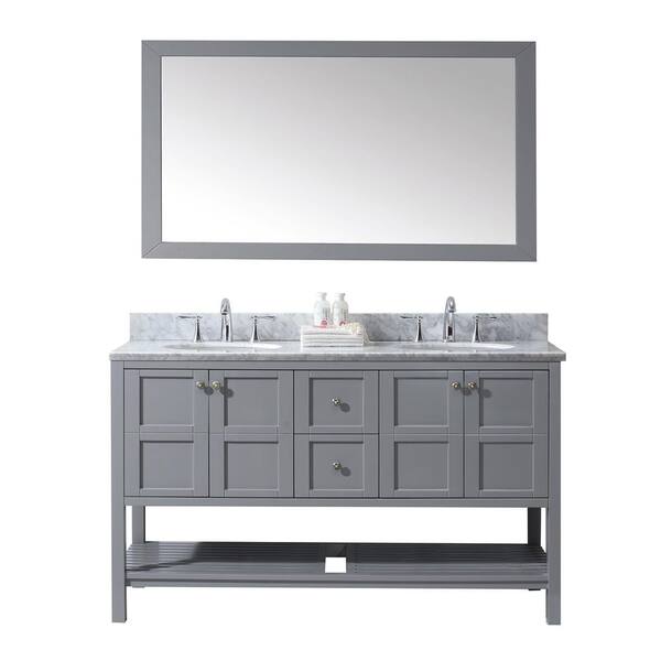 Virtu USA Winterfell 60 in. W Bath Vanity in Gray with Marble Vanity Top in White with Round Basin and Mirror