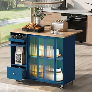 Blue Drop-Leaf Rubber Wood Tabletop 44 in. Kitchen Island with Fluted Glass Doors, LED Light and Adjustable Shelf
