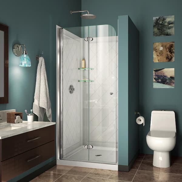 DreamLine Aqua Fold 32 in. D x 32 in. W x 76-3/4 in. H Frameless Shower Door in Chrome with Base and Backwalls