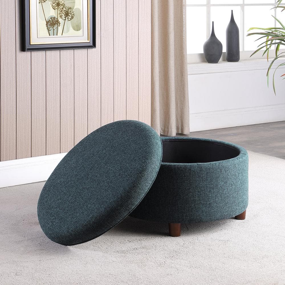 Modern Textured Navy Woven Fabric Large Round Storage Ottoman