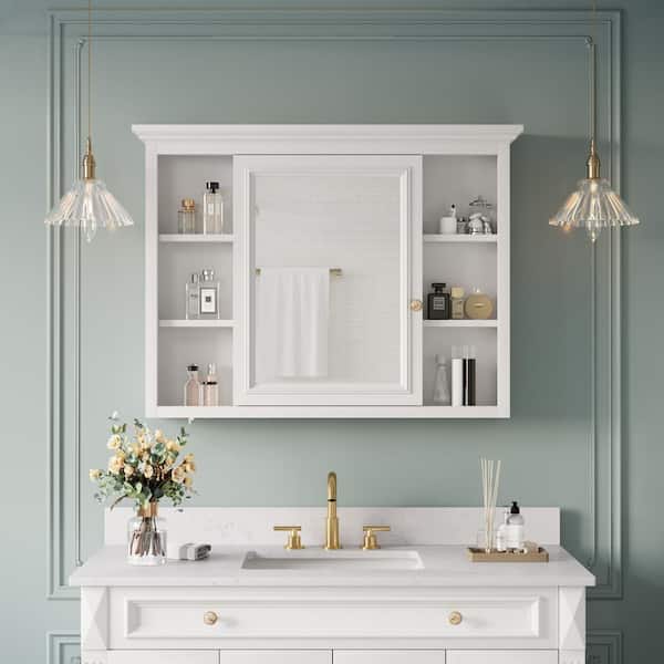 FORCLOVER 40 in. W x 30 in. H Rectangular Surface Mount Solid Wood White Medicine Cabinet with Mirror Left open