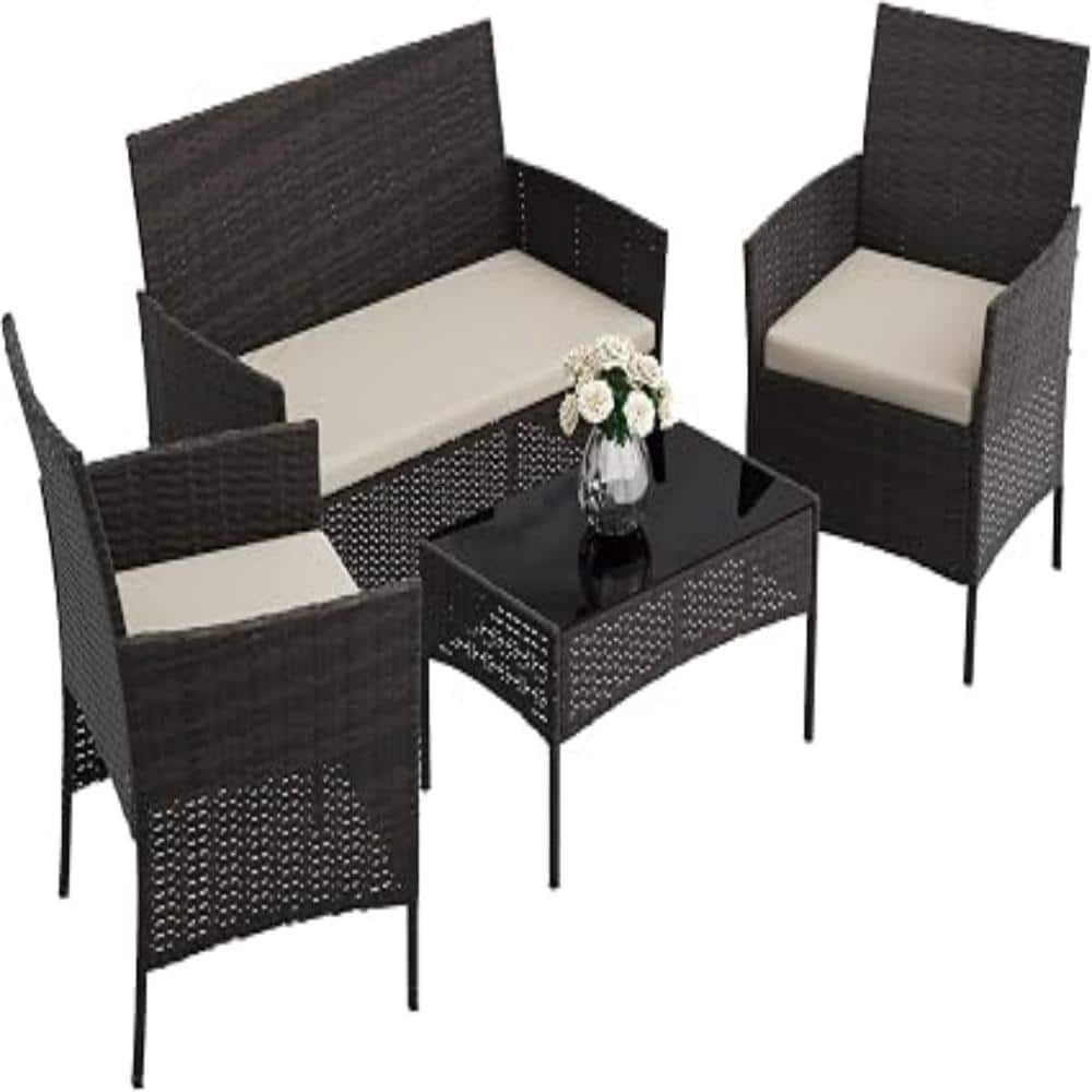 4-Piece Cushioned Rattan Patio Set: Sofa, 2 Chairs & Coffee Table, Outdoor Conversation Set, Black/Beige price history on PriceWatchPro
