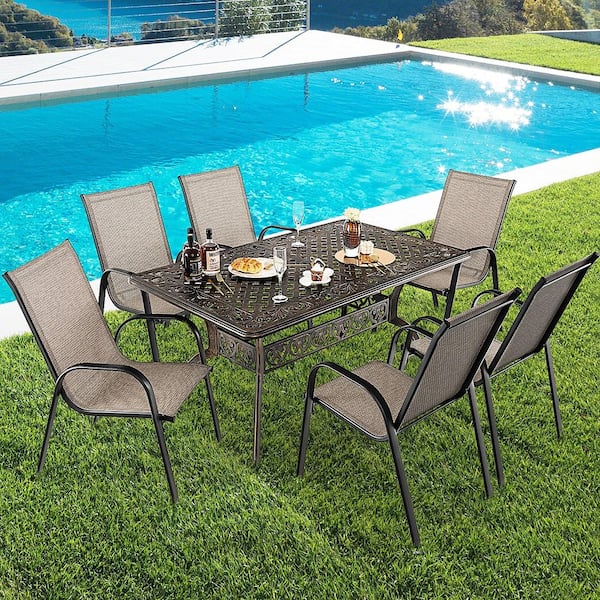 28.3 in. Cast Aluminum Outdoor Dining Table All-Weather Umbrella Hole 6-Person Bronze