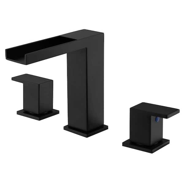 8 in. Widespread Double Handle Bathroom Faucet Stainless Steel 3 Hole Waterfall Vanity Sink Taps in Matte Black