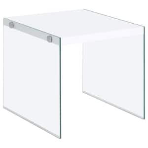 Opal 19.75 in. White High Gloss Square Chrome End Table with Clear Glass Legs