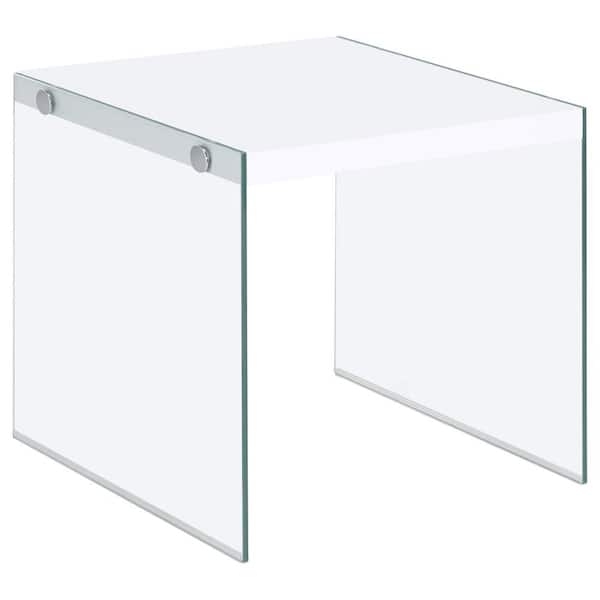 Coaster Opal 19.75 in. White High Gloss Square Chrome End Table with Clear Glass Legs