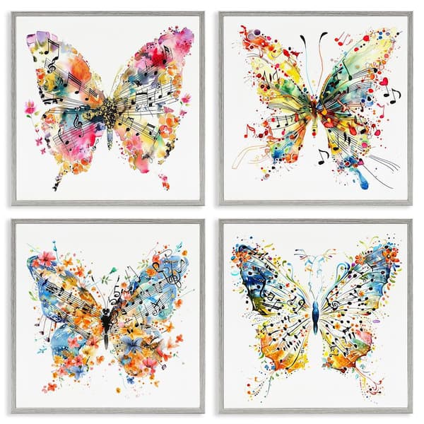 Stupell Industries Butterflies with Music Notes by LSR Design Studio 4 Pieces Gray Framed Animal Giclee Art Print 12 in. x 12 in.